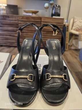 MICHAEL Michael Kors Black Leather Gold-Tone Buckle Ankle Strap Heels